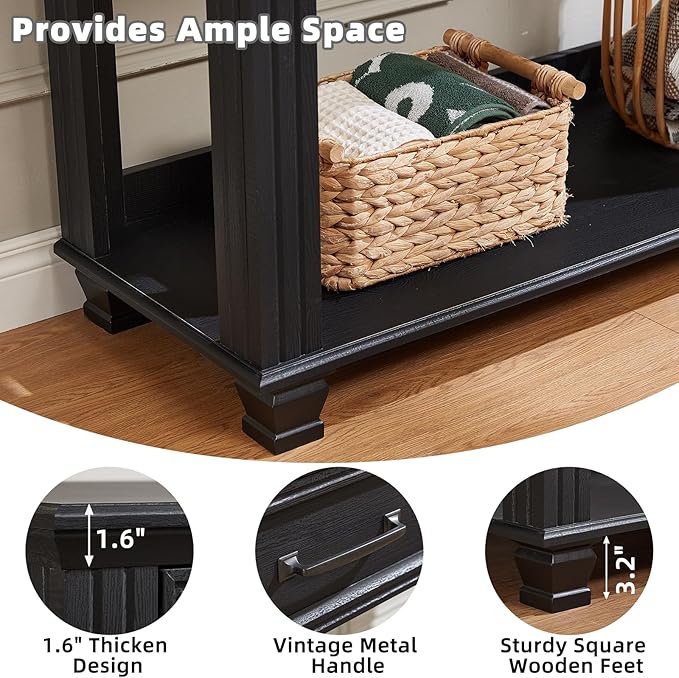 Farmhouse 46" Console Table with 2 Drawers, Rustic Wood 2 Tier Entryway Table with Open Storage Shelf for Entry, Large Mid-Century Vintage Sofa Tables Behind Couch for Living Room, Black