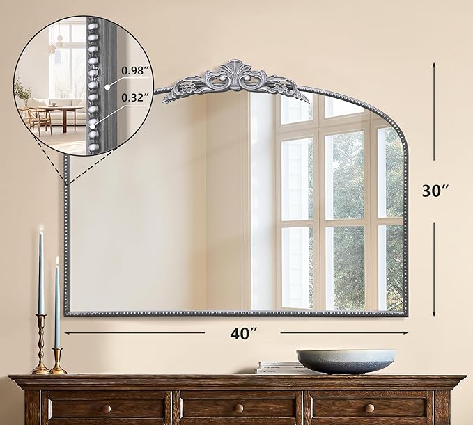 Micasso Antique Silver Wall Mirror, 40"x30" Metral Framed Arch Baroque Ornate Mantel Mirror for Bathroom, Entryway, Living Room