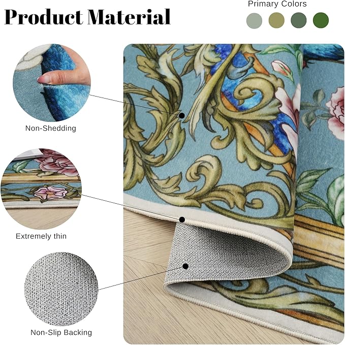 Runner Rug for Kitchen 2'6"x8' Washable Rugs with Rubber Backing Soft Floral Peacock Floral Animal Carpet Runner for Kitchen, Laundry, Bedroom, Bathroom (Mint Turquoise)