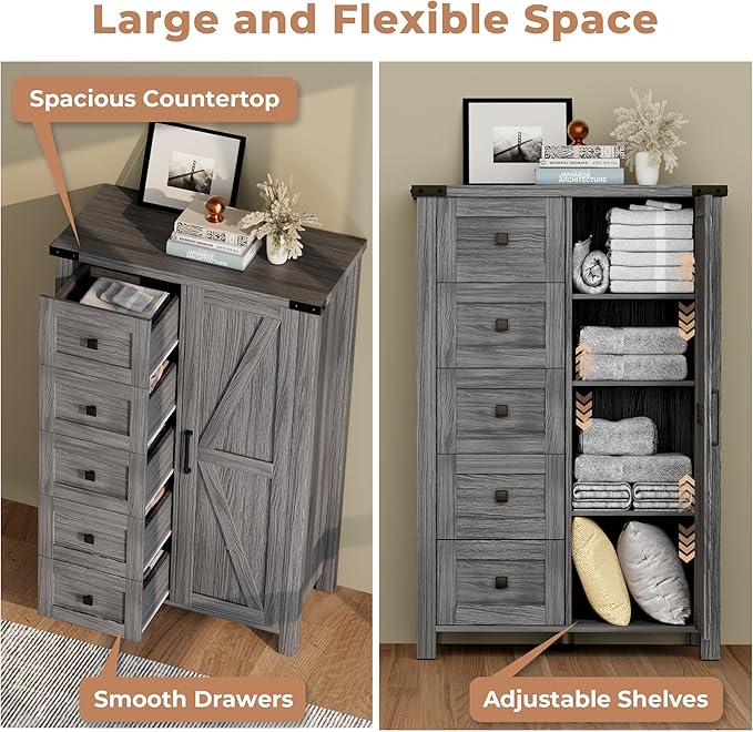 Farmhouse Dresser Storage Cabinet Chest of Drawer for Bedroom, 5 Drawer Dresser with Barn Door, 48 Inch Tall Grey Wood Dresser, Adjustable Shelves, Rustic, for Living Room, Entryway, Hallway