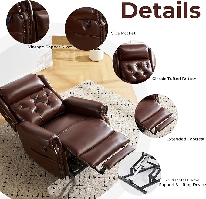 Power Lift Recliner Chair for Elderly with Adjustable Headrest,Electric Lift Chair with Massage and Heat, Lay Flat Recliner for Big and Tall,Brown