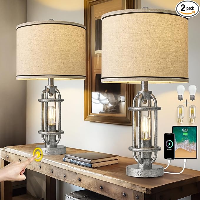 23.75'' Table Lamps Set of 2 for Living Room Bedroom Industrial Farmhouse Metal Touch Lamps with USB A+C Ports, Night Light Vintage Nightstand Bedside Lamp, Bulbs Included, Antique Silver