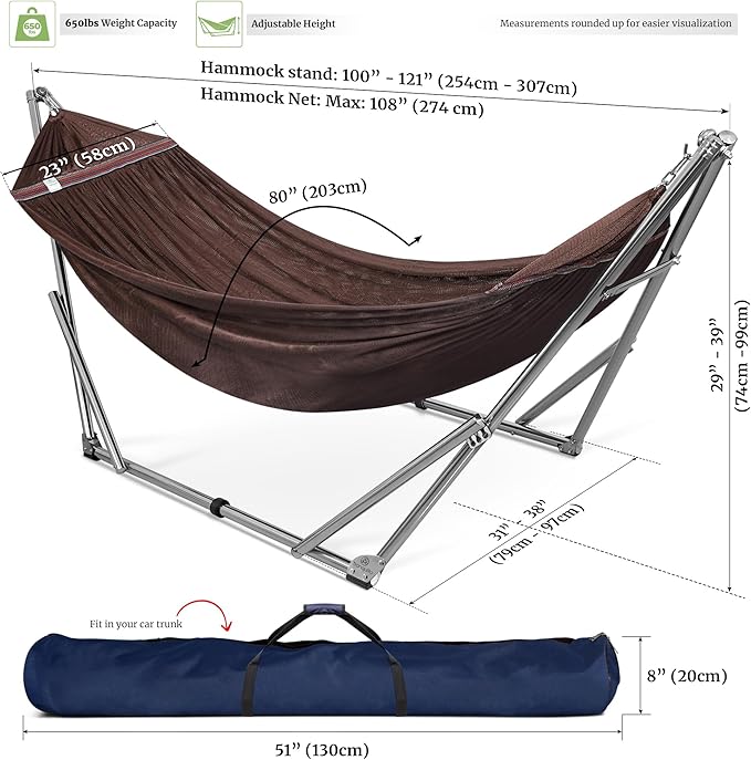 Tranquillo Double Hammock with Stand 650lb Capacity Double Hammock with Spreader Bar, Solid Grade 201 Stainless Steel 30s Set Up, Sturdy Flexible Hammock Stand Portable, Outdoor Indoor, Brown