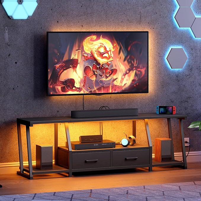 LED TV Stand with Fabric Drawers for 75 Inch TV, Entertainment Center with Power Outlets and Open Storage Shelves, Industrial Media TV Console Table for Living Room, Bedroom, Black