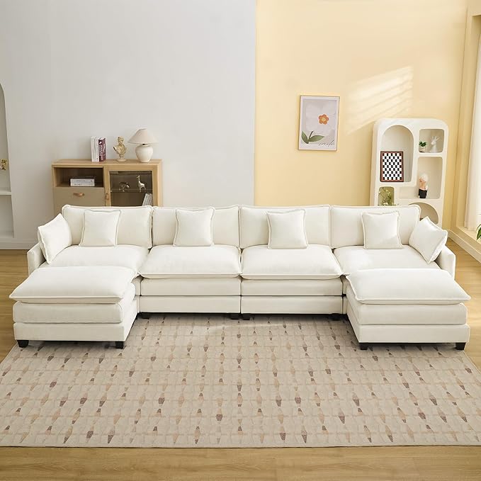 147'' Sectional Cloud Deep Seat Couch, Oversized Chenille U Shaped Sectional Sofa for Living Room Set, Comfy Upholstered Modular Sectional Sofa Couch with 2 Movable Ottoman, Beige