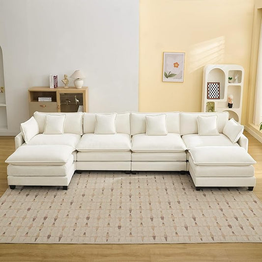 147'' Sectional Cloud Deep Seat Couch, Oversized Chenille U Shaped Sectional Sofa for Living Room Set, Comfy Upholstered Modular Sectional Sofa Couch with 2 Movable Ottoman, Beige