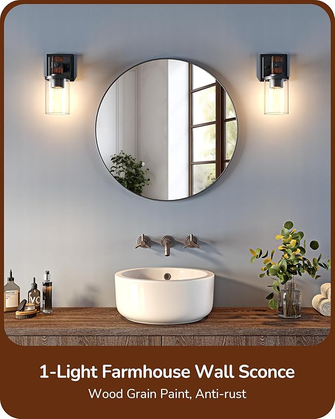EDISHINE Wall Sconces Set of 2, Farmhouse Vanity Light Fixtures with Clear Glass Shade & Dark Brown Wood Grain Paint, 1-Light Wall Mount Lamp for Bathroom, Hallway, Living Room, Mirror, Kitchen