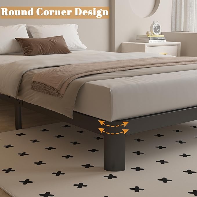 Queen Bed Frame 6 Inch Black, Metal Bed Frame Queen Size with Gaskets, No Box Spring Need, Heavy Duty Steel Platform Support, Round Corner Design, Reserved Holes, Noiseless, Easy Assembly