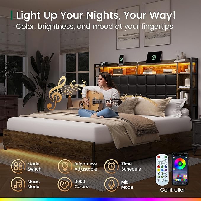 King Size Bed Frame with Charging Station and LED Lights Wooden Platform Bed Frame with 4 Storage Drawers and Bookcase Headboard, Faux Leather Upholstered, No Box Spring Needed, Brown