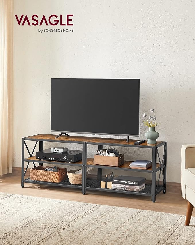 VASAGLE TV Stand, TV Console for TVs Up to 65 Inches, TV Table, 55.1 Inches Width, TV Cabinet with Storage Shelves, Steel Frame, for Living Room, Bedroom, Rustic Brown and Black ULTV094B01