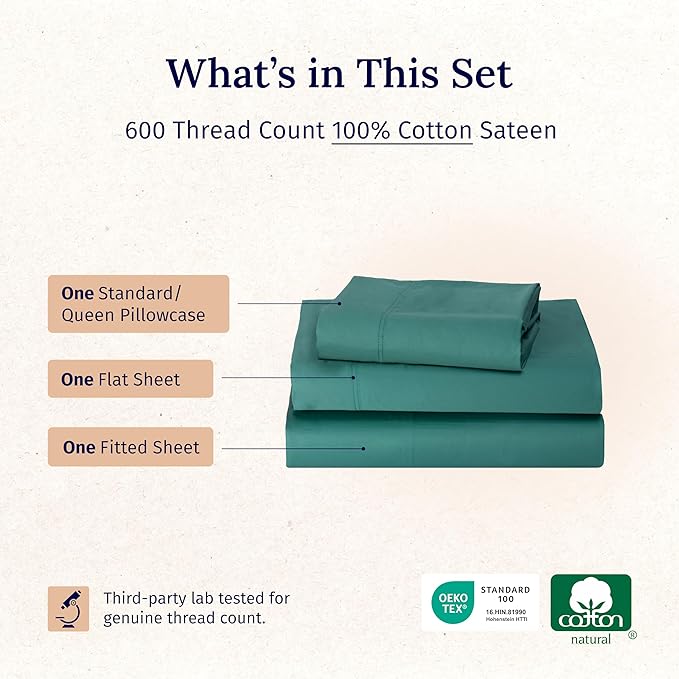California Design Den Twin XL Bed Sheets Cotton Set - Luxury 600 Thread Count Sateen, 100% Cotton Sheet Set with Deep Pockets, Soft Hotel-Quality Bedding - Teal Sheets