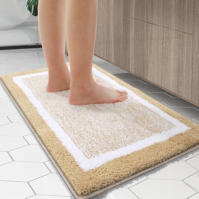 OLANLY Bathroom Rugs 24x16, Extra Soft and Absorbent Microfiber Bath Mat, Non-Slip, Machine Washable, Quick Dry Shaggy Bath Carpet, Suitable for Bathroom Floor, Tub, Shower (Small, Light Beige)