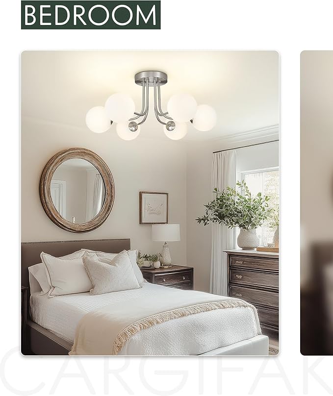 Brushed Nickel Ceiling Light in Modern Farmhouse Design Features 6 Frosted Glass Shades, Ideal for The Living Room, Bedroom, or Dining Room. Model: CKCL4845-6W-BN