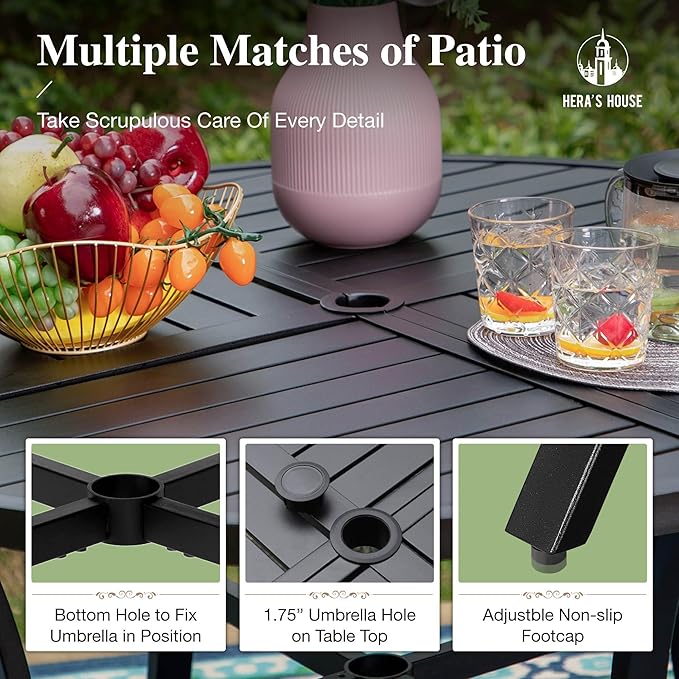 HERA'S HOUSE 5 Pieces Patio Dining Set,Outdoor Dining Set for 4,4 x Rattan Armchair with Removable Soft Cushions and 1 x 42 Inches Round Metal Dining Table, Suitable for Lawn, Garden, Backyard, Deck