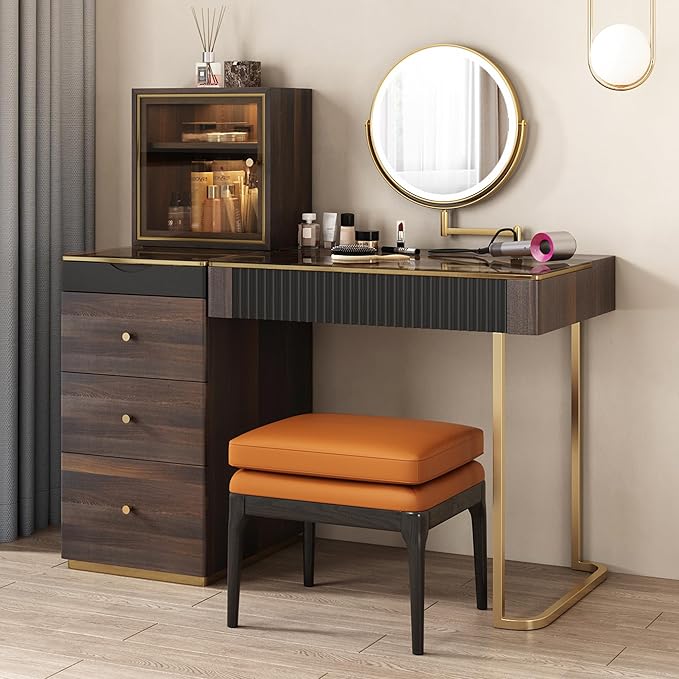 Lartis Vanity with Mirror and Lights Makeup Vanity Table with Stool, 47 inch Black Dressing Table with Dimmable LED Mirror, Ample Storage, Convenient Power Access, Easy Assembly