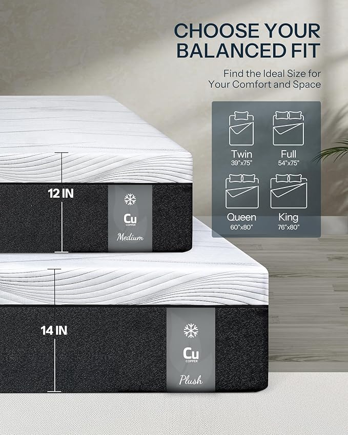 Life Balance Full Hybrid Mattress 14 Inch, Made in USA, Plush, Individual Pocket Coils & Copper Gel Memory Foam， Hypoallergenic & Odorless, Motion Isolation & Pressure Relief, Mattress in a Box
