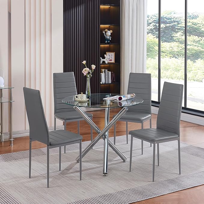 5-Piece Round Glass Dining Table Set for 4 Modern Kitchen Table with 4 Dining Chairs Set Round Circle Table and PU Upholstered Chairs Set for Small Space/Kitchen/Apartment