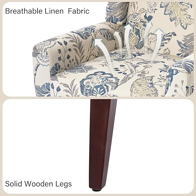 Accent Chair, Modern Linen Blend Arm Chair for Living Room, Bedroom, Comfy High-Resilient Sponge Reading Chair for Small Spaces (Pattern Leaf, Set of 2)