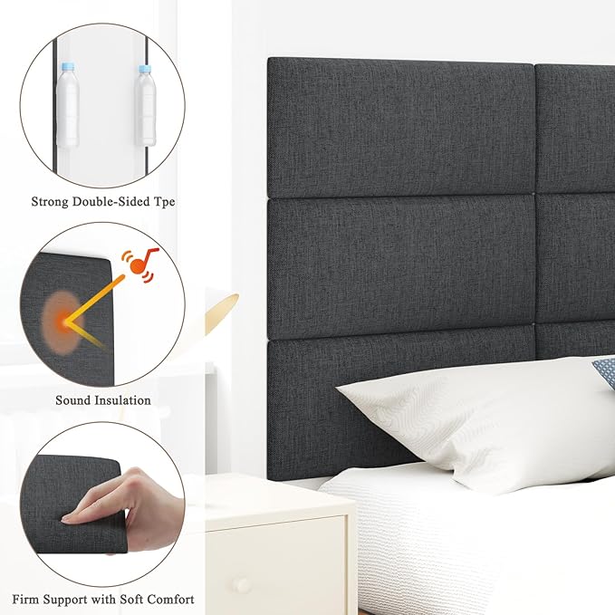 Upholstered Headboard for Queen Size Bed, Wall Mounted & Peel and Stick Headboard, Soundproof DIY Wall Panels, Fabric Tufted Head board in Modern Design for Bedroom (9 Panels, Each 23.62"x9.84"）