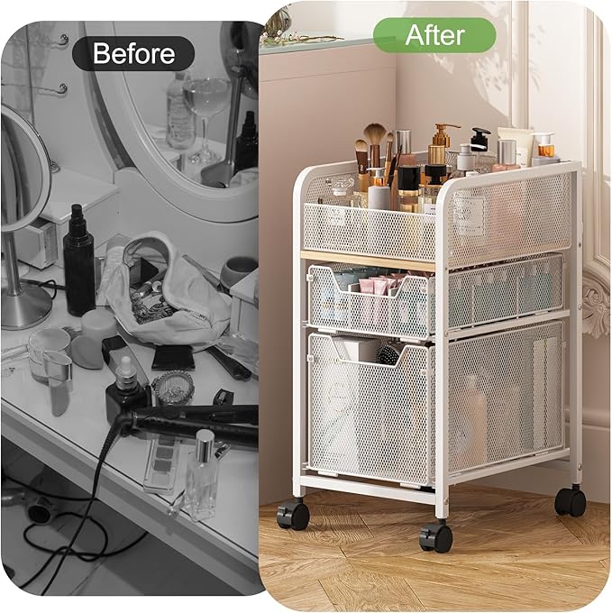 Rolling Makeup Cart Organizer with 2 Drawers, Narrow Floor Skincare Organizers, Vanity Organizer Cosmetics Display Cases Holder for Skin Care Nail Polish Perfume Makeup Brush, White