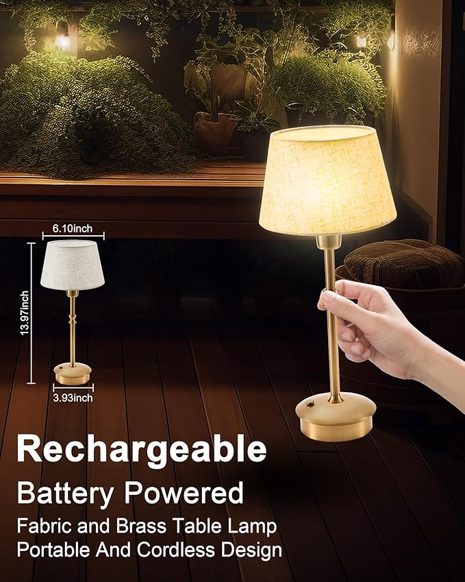 UMEXUS Cordless Lamp Rechargeable Table Lamps, 5000mAh Battery Operated Lights, 3 Level Brightness Dimmable, Portable Night Bedside Light for Patio, Restaurant, Dining, Fabric Shade, Antique Brass
