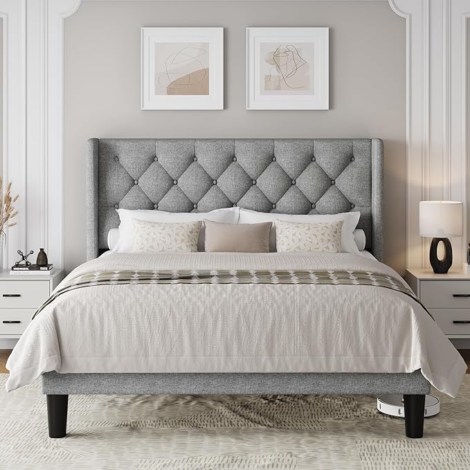 Full Size Upholstered Bed Frame with Wingback Headboard, Fabric Linen Platform Bed, 8" Under Bed Storage, Wooden and Metal Slats Support, No Box Spring Needed, Light Grey