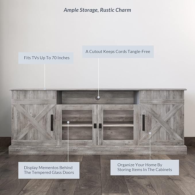 BELLEZE 65 Inch Modern Farmhouse Industrial Style Entertainment TV Stand for TVs Up to 70 Inches, Versatile Media Cabinet with Shelves and Storage - Veropeso (Gray Wash)