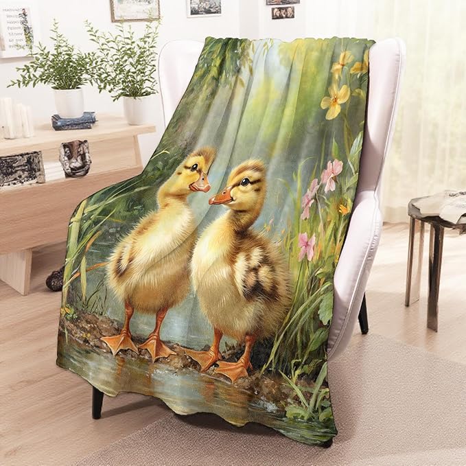 Adorable Duck Blanket, Cozy Flannel Charming Ducklings by a Stream Throw Blanket for Couch Outdoor, Plush Soft Lightweight Travel Blankets for Bed Decor and Gifts, for Women Adults Kids 60"x80"