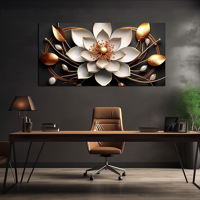 Large Artwork Canvas Wall Art for Living Room Office Room Bedroom Decor Wall Painting White and Gold Flowers Picture Modern Decorative Painting with Frame Ready to Hang Canvas Decor Size 30x60