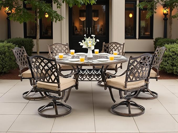 7 Piece Outdoor Dining Set Cast Aluminum, Retro Patio Dining Furniture Set for 6 Includes 54’’ Round Table 6 Chairs with Thicker Cushion and Umbrella Hole for Patio Deck Garden