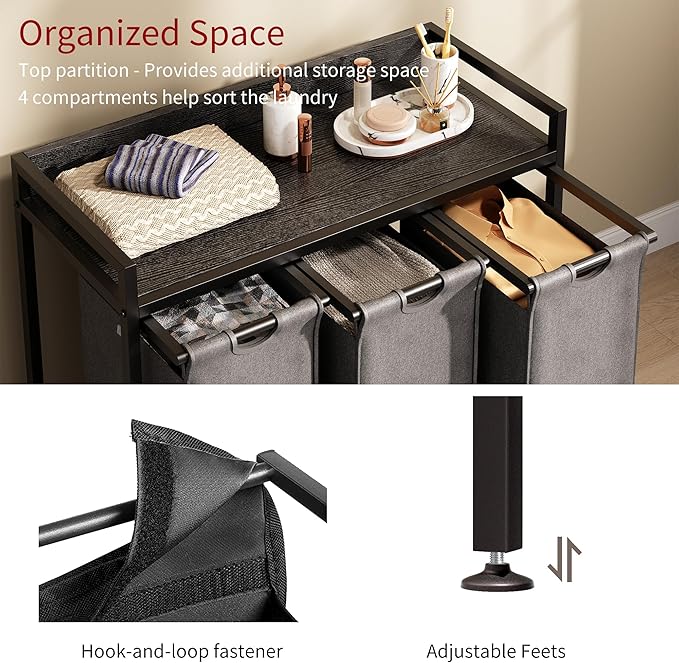 Laundry Hamper with Shelf, Laundry Basket 3 Section, Laundry Sorter with Pull-Out Removable Large Bags and Movable Wheels, Metal Frame, 3 x 15.87 Gallons (60L), Black and Gray PF04XLC