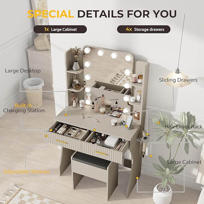 Vanity Desk with LED Lighted Mirror, Makeup Vanity with 3 Adjustable Lights, 2 Large Drawers and 4 Open Shelves, Gray Vanity with Storage Stool for Bedroom