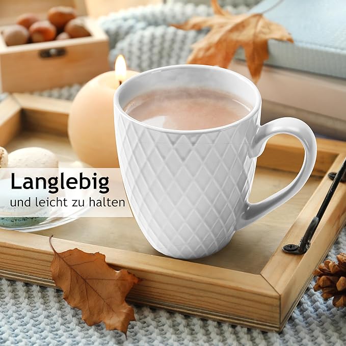 MIAMIO - Coffee Mugs set of 6 / Coffee Cups - 6 x 14 Oz Ceramic Mugs - Large Coffee Mugs - Microwave & Dishwasher safe - Palmanova Collection (White)