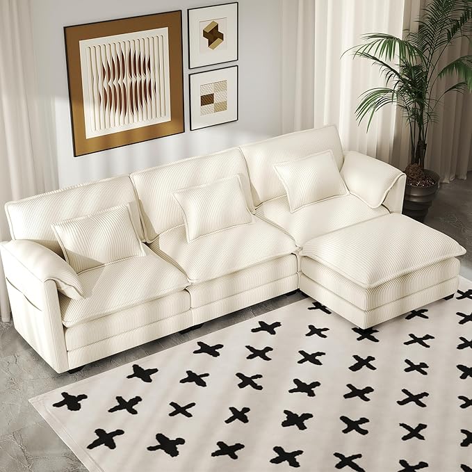 Real Relax 111'' Modular Sectional Sofa, L Shaped Corduroy Convertible Couch with Movable Ottoman, 6 Pillows and 2 Armrest Pillows for Living Room, Office and Leisure Places, Beige