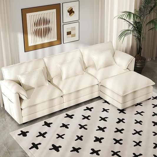 Real Relax 111'' Modular Sectional Sofa, L Shaped Corduroy Convertible Couch with Movable Ottoman, 6 Pillows and 2 Armrest Pillows for Living Room, Office and Leisure Places, Beige