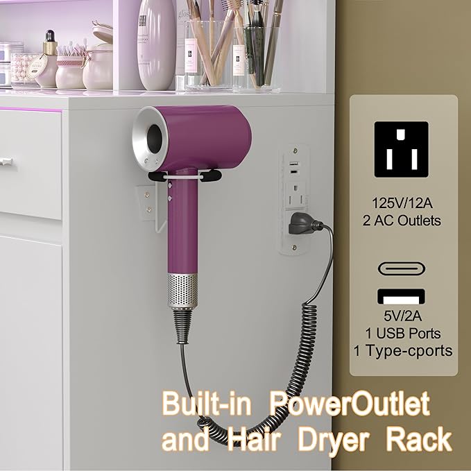 43" W Vanity Desk with Mirror & 11 Lights,Modern Makeup Desk with 5 Drawers & Cushioned Stool,3 Lighting Modes Brightness Adjustable,Power Outlet,Bedroom Dressing Table, Pink (3 Drawers) (White)