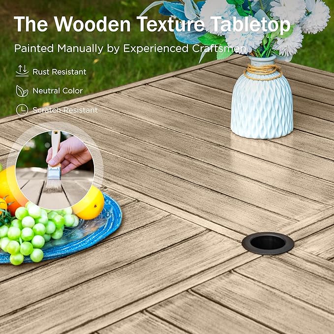 PHI VILLA 9 Pieces Outdoor Dining Set for 8, 60” Wood-Like Large Square Metal Steel Dining Table & Stackable Iron Chairs, Dining Furniture Set for Patio, Deck, Yard, Porch