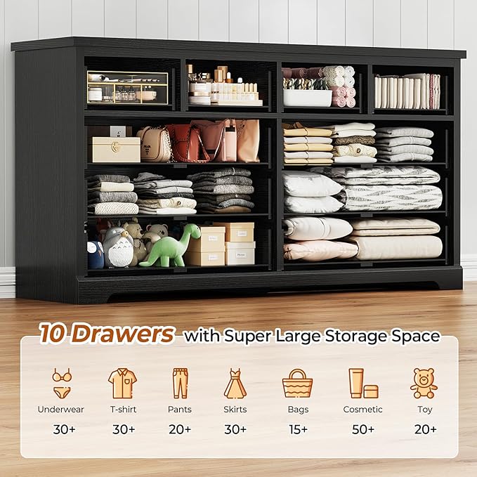 DICTAC 10 Drawers Dresser for Bedroom,55" Wide Farmhouse Dresser with Natural Texture and Vintage Metal Handles, Rustic Wood Chest of Drawers for Bedroom, Living Room, Hallway,Black