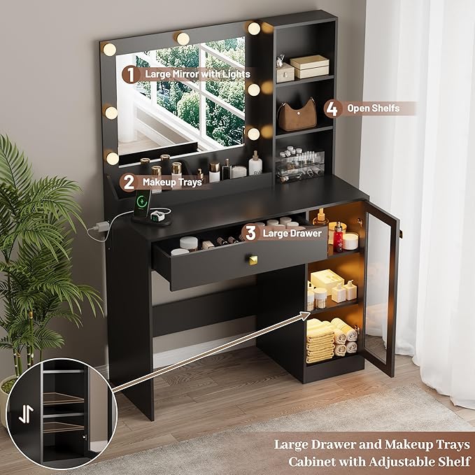 Makeup Vanity with Mirror and Lights, 34'' Wide Dressing Table with Charging Station & RGB Glass Cabinet, Small Vanity Desk with 3 Color Lighting Modes & Adjustable Brightness, Black