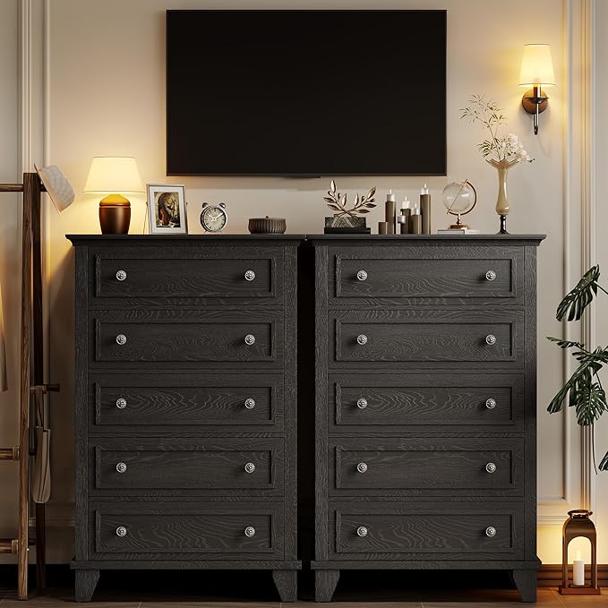GAOMON Black 5 Drawer Dresser for Bedroom, 48" Tall Wood Dresser & Chests of Drawers with Deep Drawers, Modern Chest Organizer with Metal Handles for Living Room, Hallway, Entryway