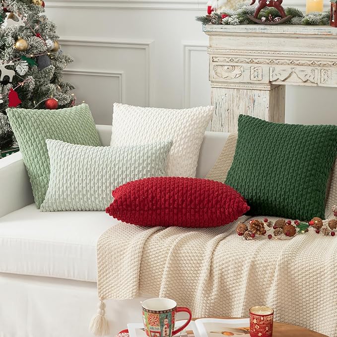 Kevin Textile Pack of 2 Corduroy Decorative Throw Pillow Covers 26x26 Inch Soft Boho Striped Pillow Covers Modern Farmhouse Home Decor for Spring Sofa Living Room Couch Bed Dark Green