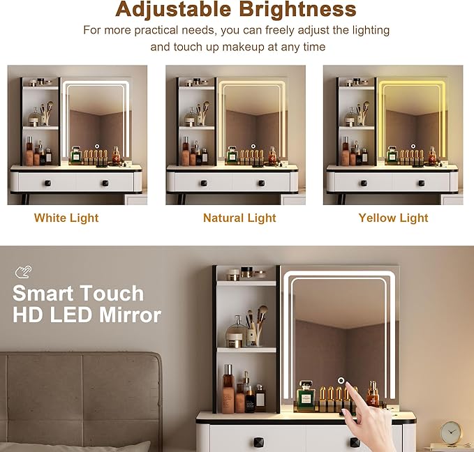 soges Vanity Desk Set, Combined Makeup Vanity LED Mirror and Lights, Cushioned Stool, Dressing Table with Storage Cabinet, Storage Drawers & Shelves, Wireless Power Outlests, White