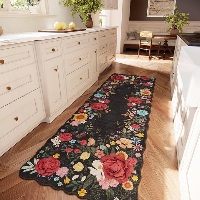 Floral Hallway Runner Rug 2'6"x8' Non Slip Washable Kitchen Rug Runners Boho Vintage Low Pile Carpet for Entryway, Laundry Room High Traffic Areas, Indoor Rug for Bathroom (Black
