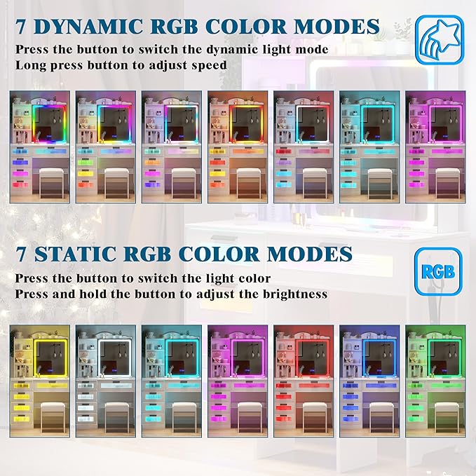 Vanity Desk with Lights and Sliding Mirror, Makeup Vanity Desk with Charging Station, Vanitys Dressing Table with Stool,LED Vanity Set with Large Drawers&Shelves for Bedroom, Decor, White