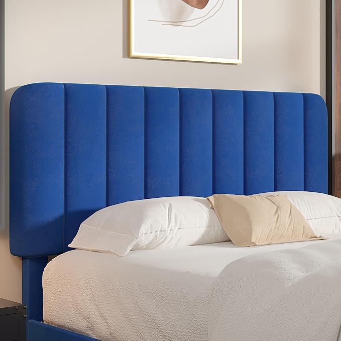 VECELO Full Size Bed Frame with Upholstered Headboard, Velvet Platform Bedframe Mattress Foundation, Strong Wood Slat Support, No Box Spring Needed,Blue