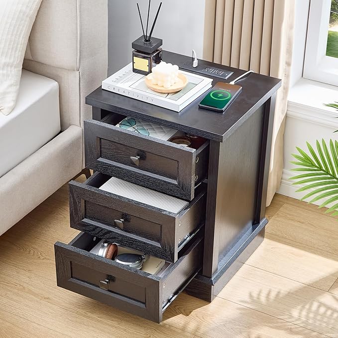 LIDYUK 3 Drawer Black Dresser for Bedroom Farmhouse Dresser Chest of Drawers, 25" Tall Nightstand with Charging Station Chest of Drawers for Bedroom, Living Room