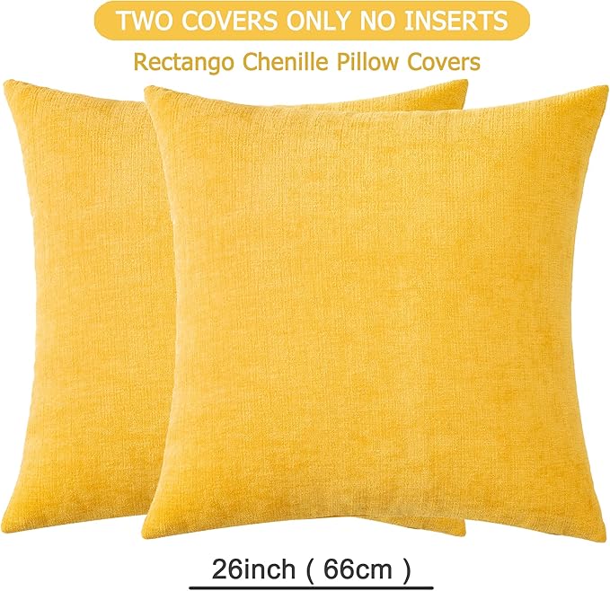 GAWAMAY Decorative Chenille Throw Pillow Covers 26x26 Inch Pack of 2, Soft Square Couch Pillow Cover for Sofa Cushion Living Room Bedroom Solid Dyed Oversized Pillowcases Yellow 66x66cm (ONLY Covers)