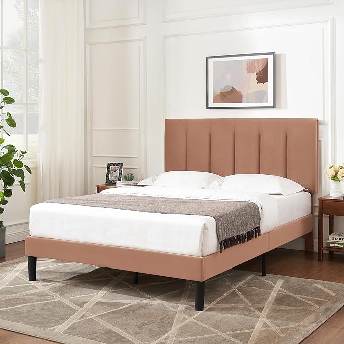 VECELO Queen Bed Frame with Upholstered Headboard, Heavy-Duty Platform Bedframe with Strong Wooden Slats Support, No Boxing Spring Needed, Coffee