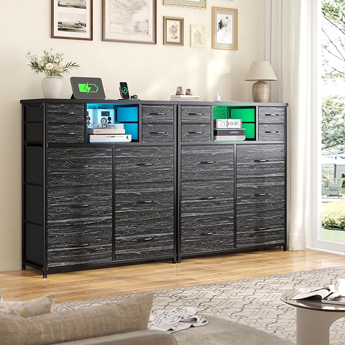 Dresser for Bedroom with Charging Station and LED and 10 Fabric Drawers, Sturdy Tall Chest of Drawers with 2 Open Storage Shelves Storage Tower for Clothing, Closet, Hallway (Black)