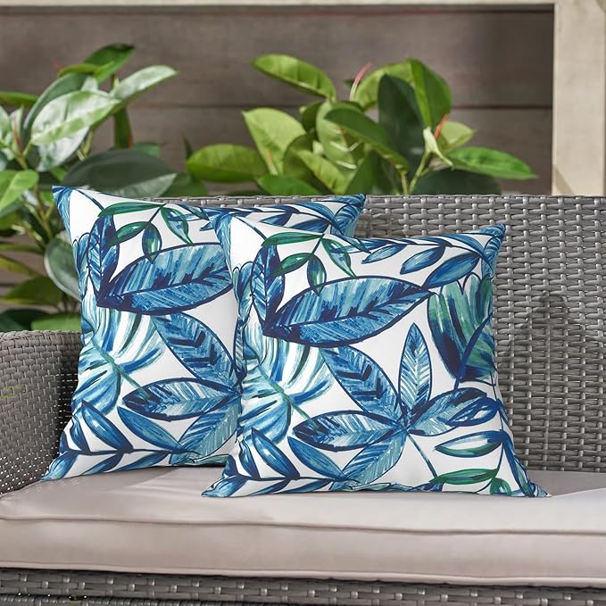 LVTXIII Outdoor Throw Pillows, Decorative Throw Pillows with Inserts, 20"x20" Square Pillows for Bed, Couch, Sofa and Patio Furniture, Set of 2, Leaves Ink Blue